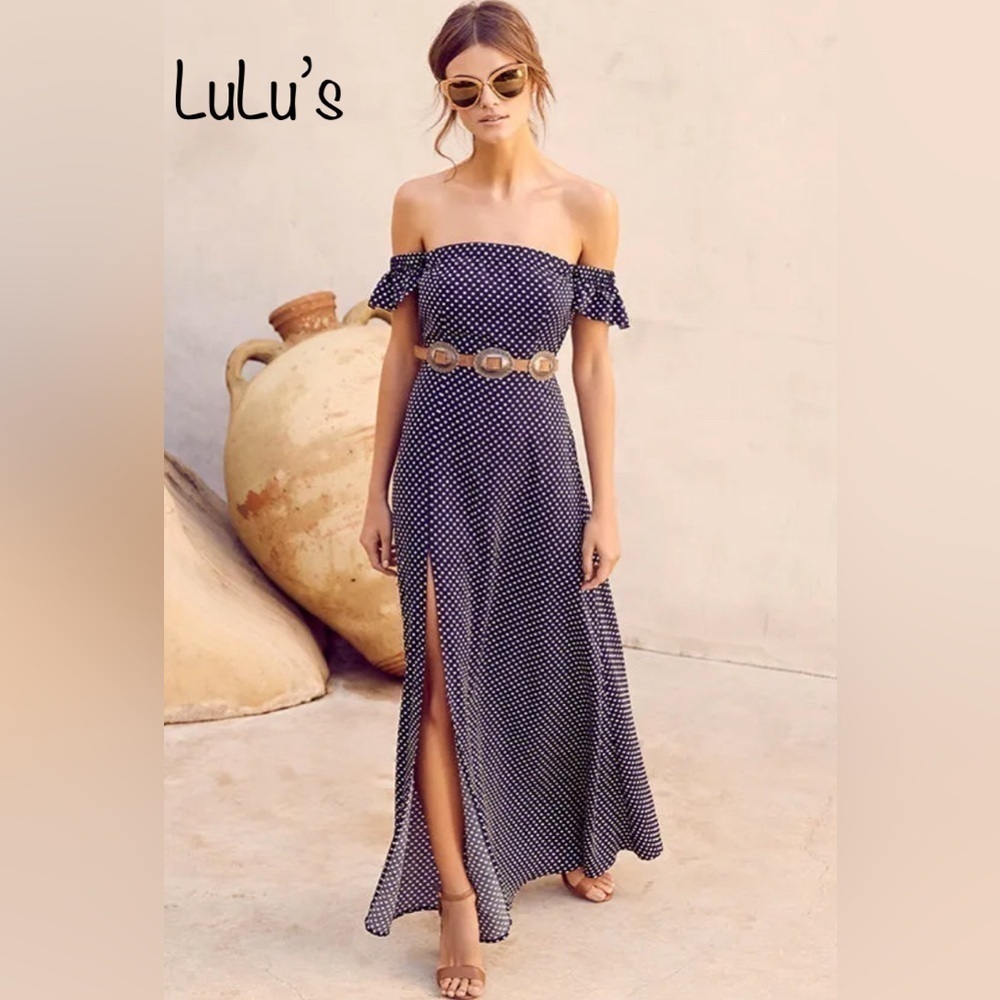Lulus Dream Regency Nautical Blue Polka Dot Off-the-Shoulder Maxi Dress size Med - Picture 2 of 14